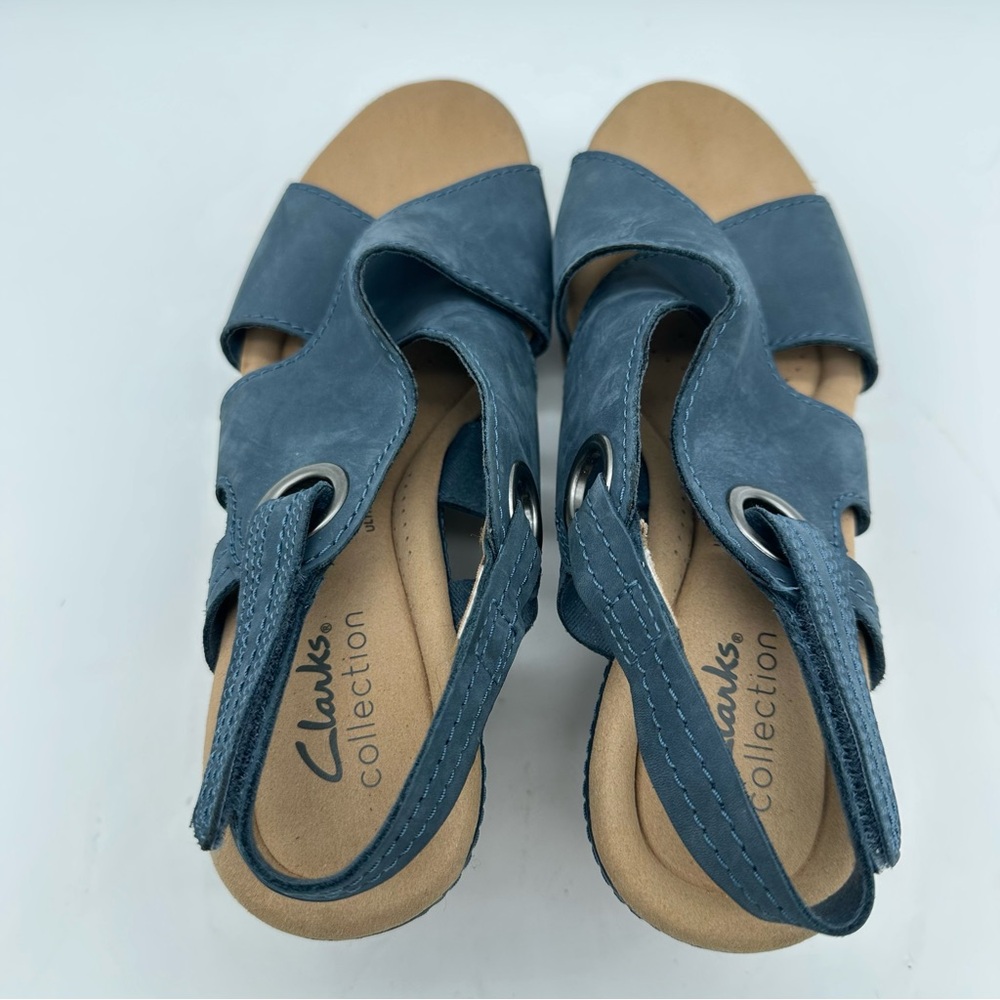 Clarks Giselle Navy Leather Wedge Sandals - Picture 4 of 9